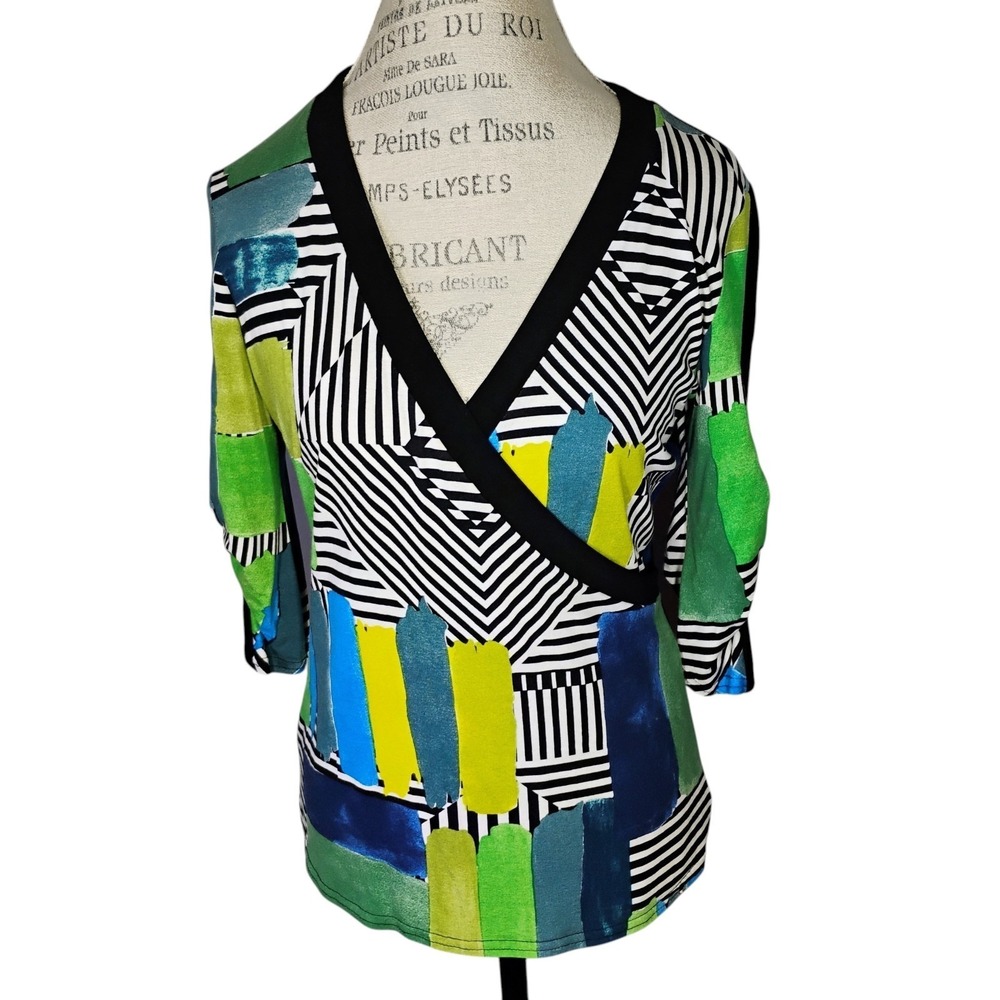 Joseph‎ Ribkoff Faux Wrap Top Womens 10 Multicolor Geometric Art To Wear Mature